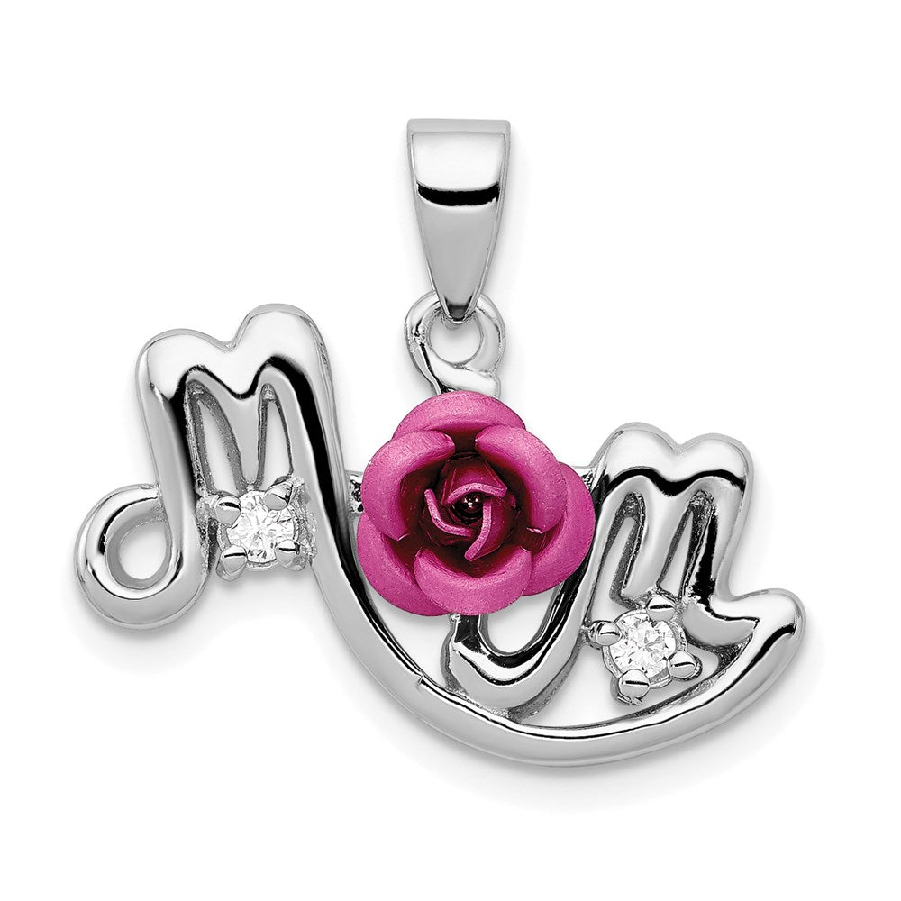 Sterling Silver RH-pltd Dyed Pink Aluminum Rose/Clear CZ Mom Pendant - Product Photo