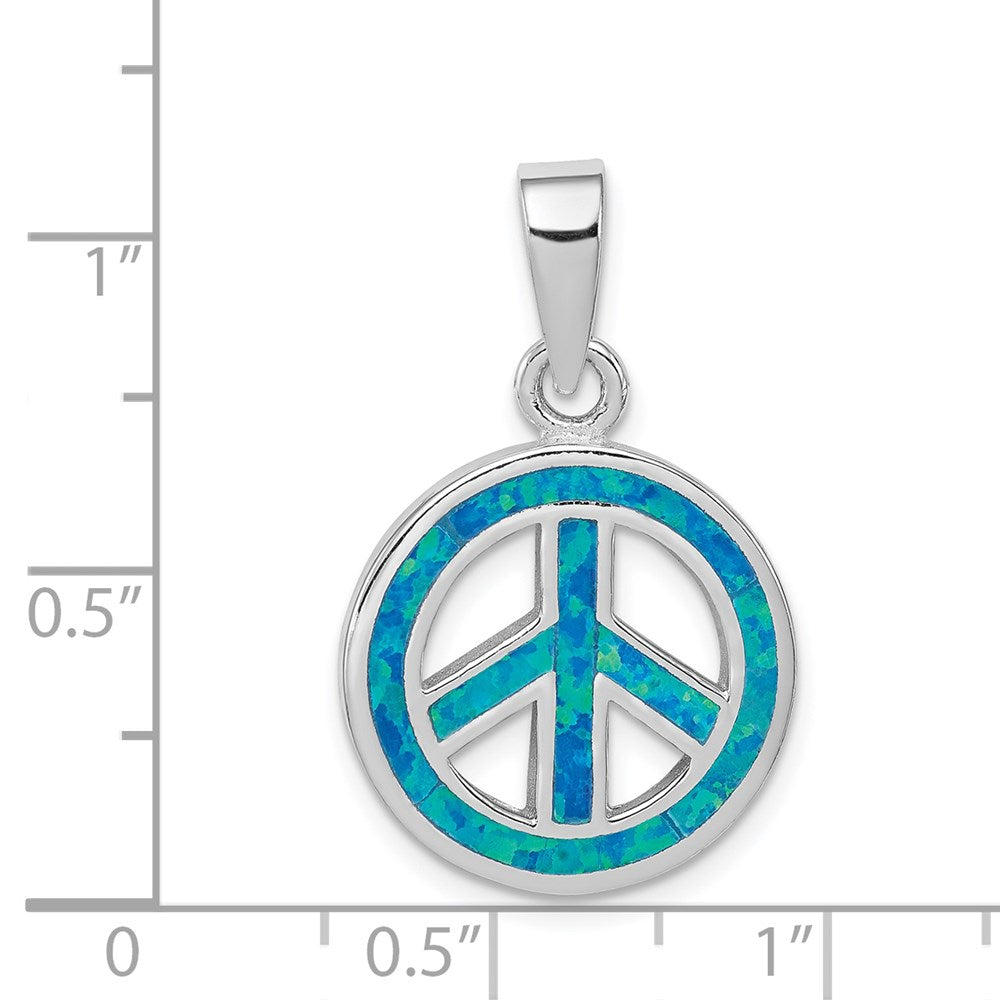 Sterling Silver Rhodium-plated Blue Inlay Created Opal Peace Sign Pendant - Product Photo
