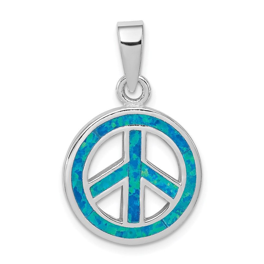 Sterling Silver Rhodium-plated Blue Inlay Created Opal Peace Sign Pendant - Product Photo