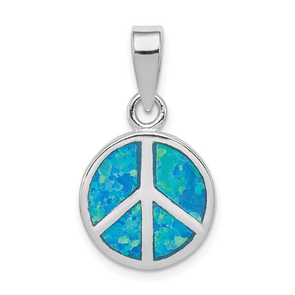 Sterling Silver Rhodium-plated Blue Inlay Created Opal Peace Sign Pendant - Product Photo