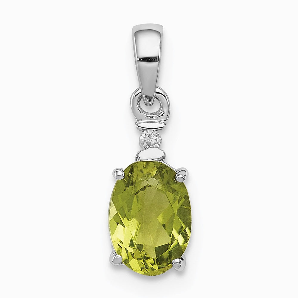 Sterling Silver Rhodium Plated Diamond and Peridot Oval Pendant - Product Photo