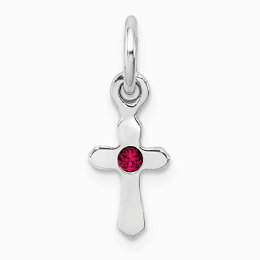 Sterling Silver RH-pltd Child's July Red Preciosca Crystal Cross Pendant - Product Photo