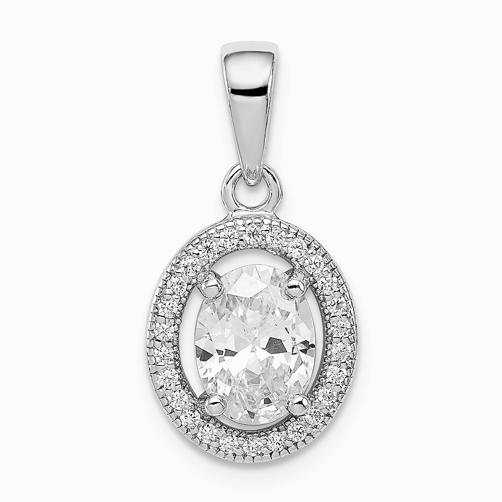 Sterling Silver Rhodium-plated w/ CZ Oval Pendant - Product Photo