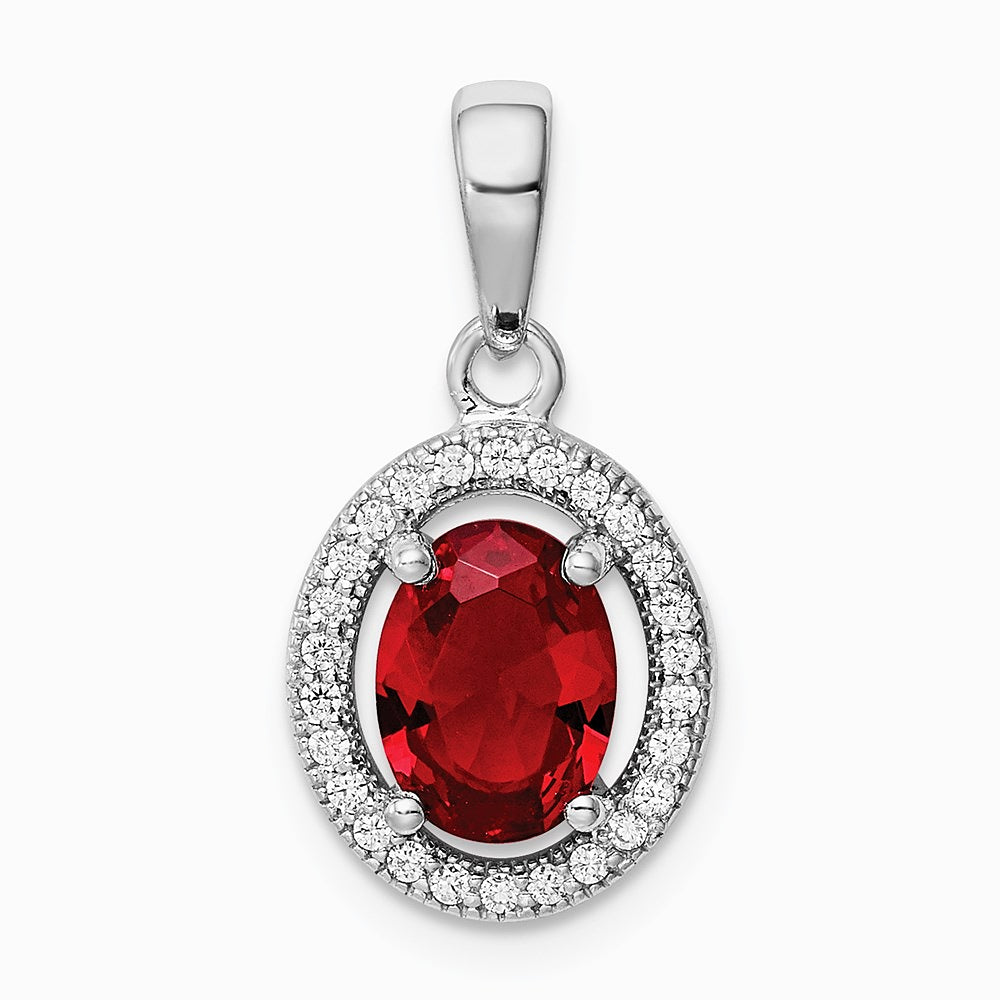 Sterling Silver Rhodium-plated Red and White CZ Oval Pendant - Product Photo