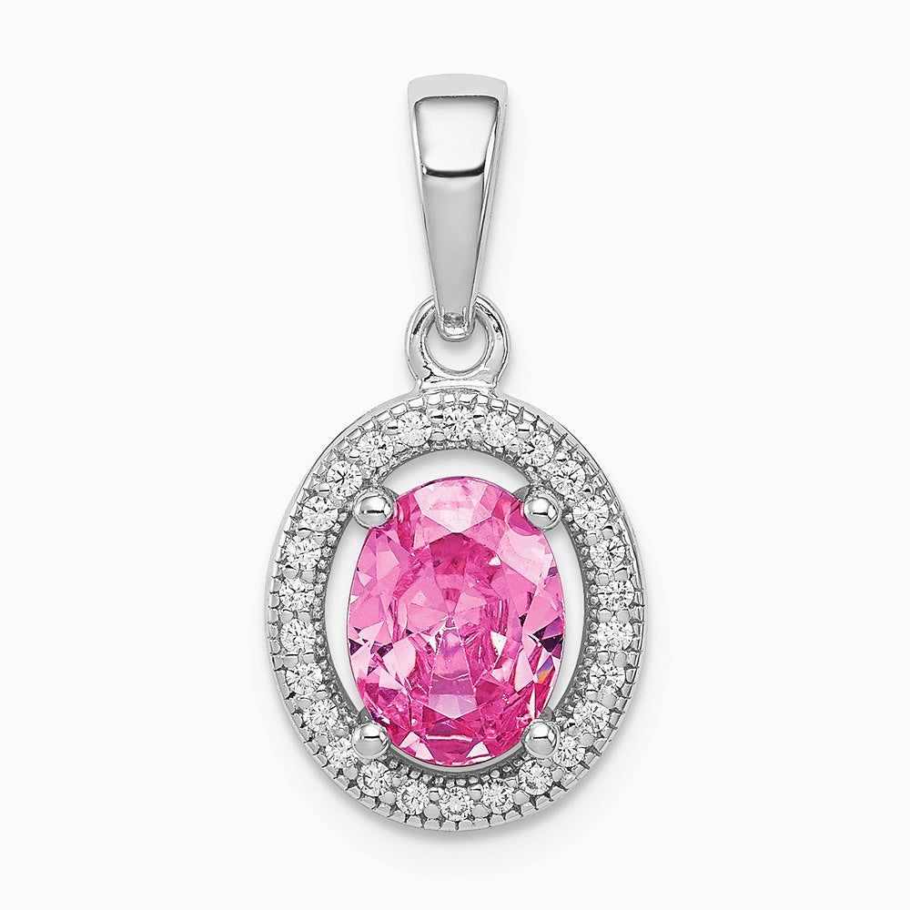 Sterling Silver Rhodium-plated Pink and White CZ Oval Pendant - Product Photo