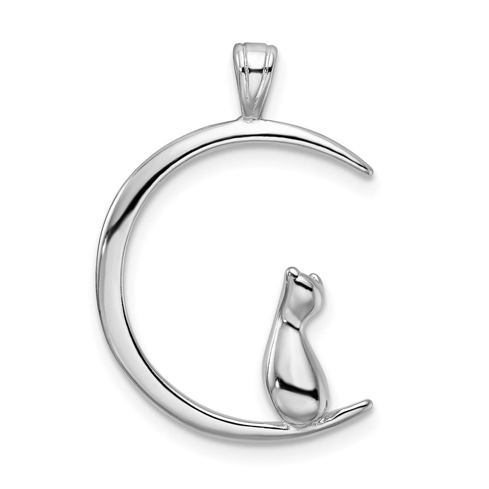 Sterling Silver Rhodium-plated Cat On Moon Pendant - Product Photo