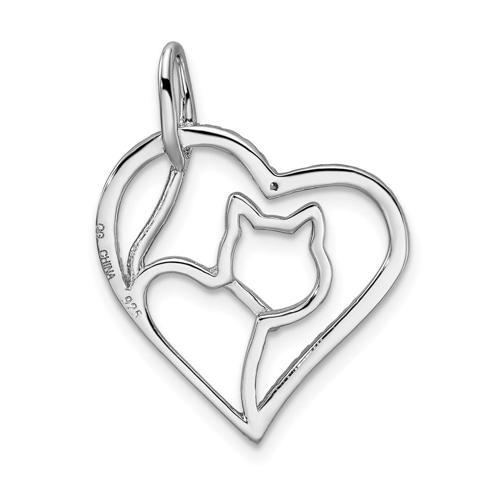 Sterling Silver Rhodium-plated CZ Heart with Cat Silhouette Pendant - Product Photo