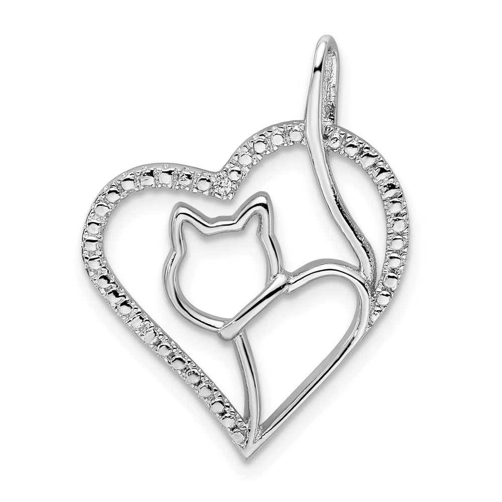 Sterling Silver Rhodium-plated CZ Heart with Cat Silhouette Pendant - Product Photo
