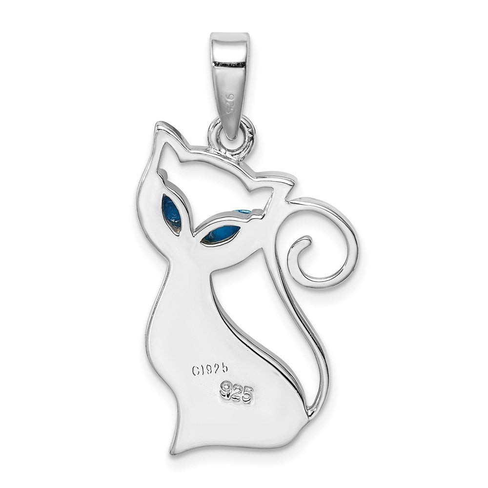 Sterling Silver Rhodium-plated Created Opal Cat Pendant - Product Photo