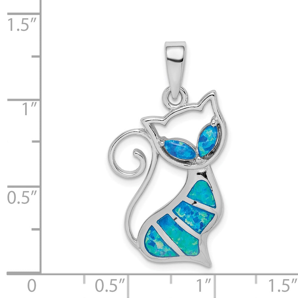 Sterling Silver Rhodium-plated Created Opal Cat Pendant - Product Photo