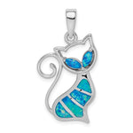 Sterling Silver Rhodium-plated Created Opal Cat Pendant - Product Photo