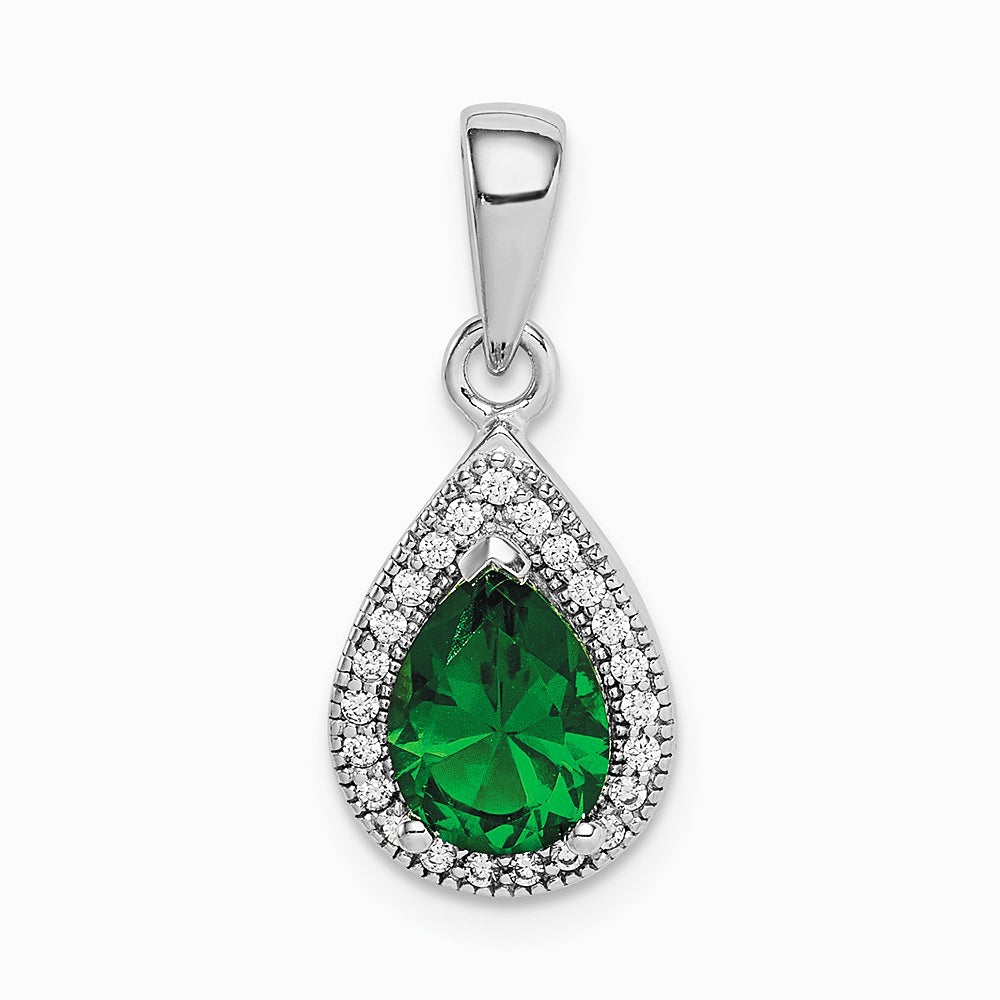Sterling Silver Rhodium Plated Green and Clear CZ Pendant - Product Photo