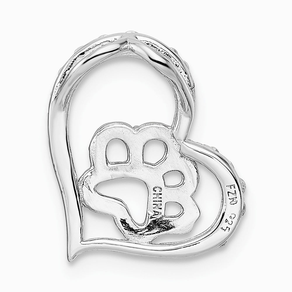 Sterling Silver Bk/Wht CZ Rhodium-plated Paw Print Heart Chain Slide - Product Photo