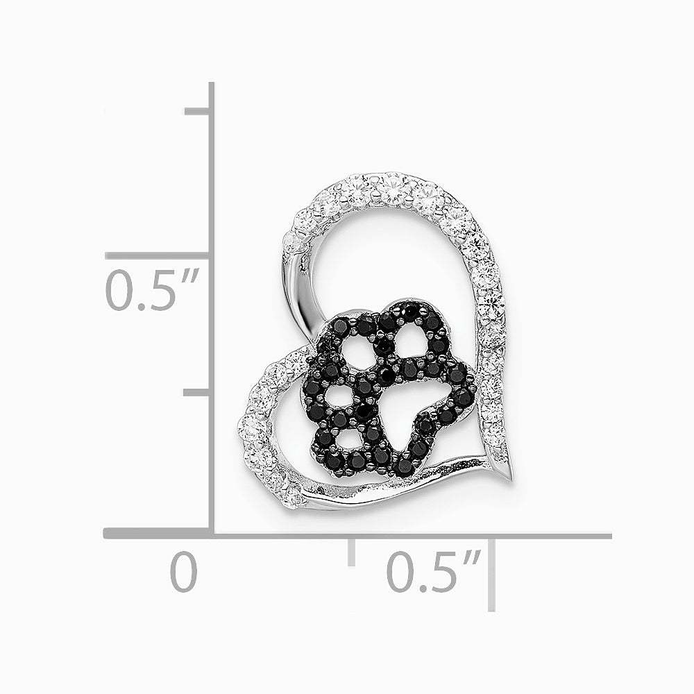 Sterling Silver Bk/Wht CZ Rhodium-plated Paw Print Heart Chain Slide - Product Photo