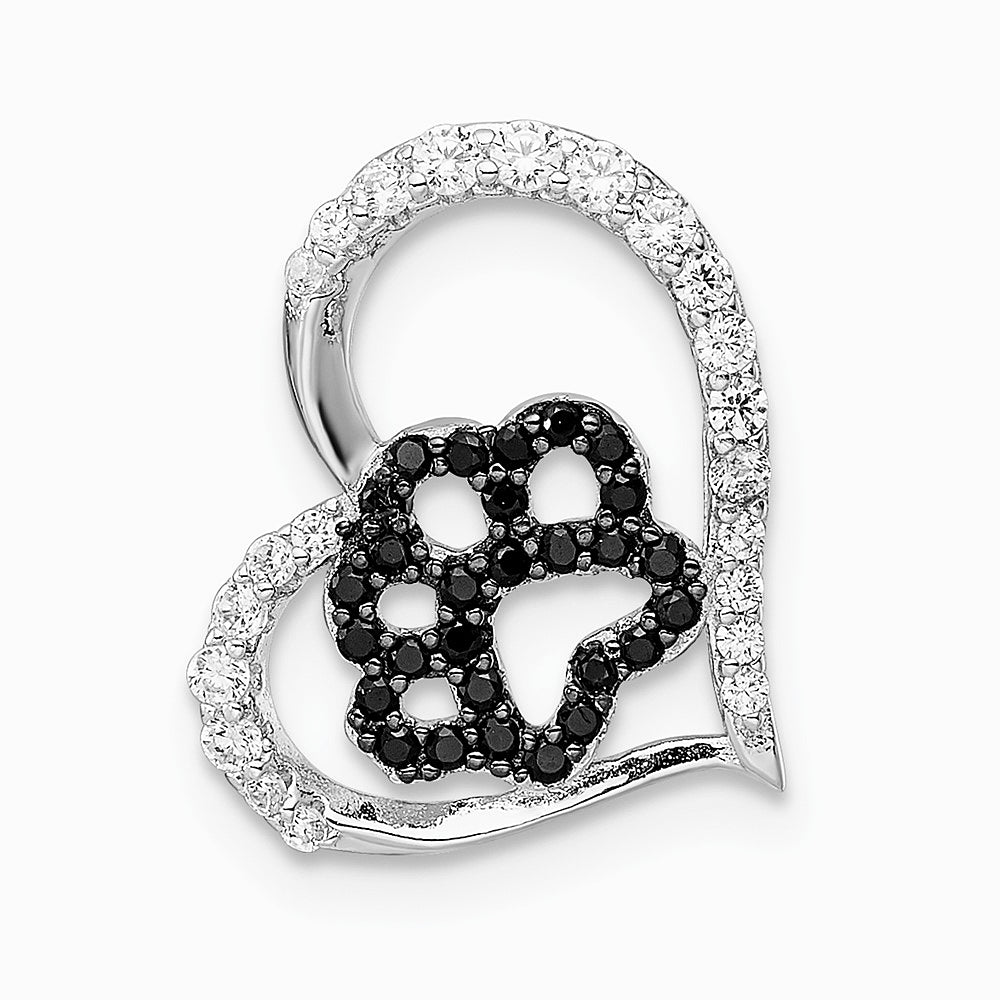 Sterling Silver Bk/Wht CZ Rhodium-plated Paw Print Heart Chain Slide