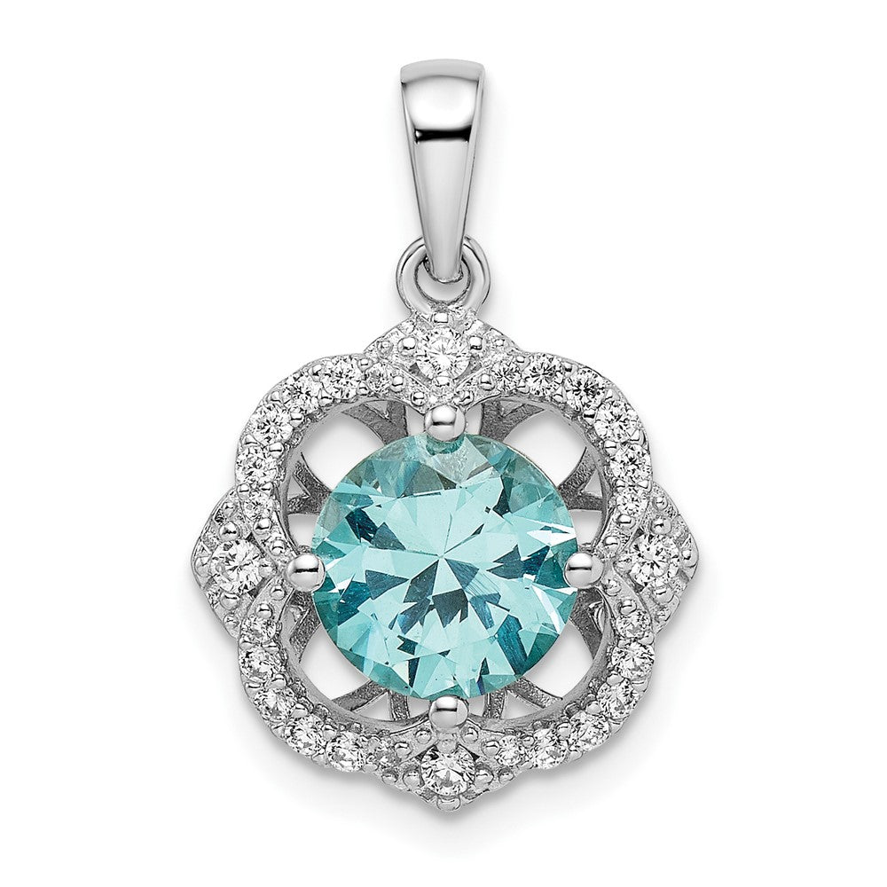 Sterling Silver Rhodium plated Aqua & White CZ Pendant - Product Photo