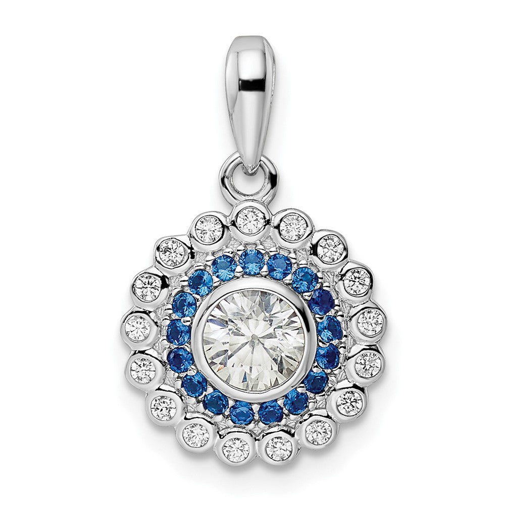 Sterling Silver Rhodium-plated Polished Blue & White CZ Pendant - Product Photo