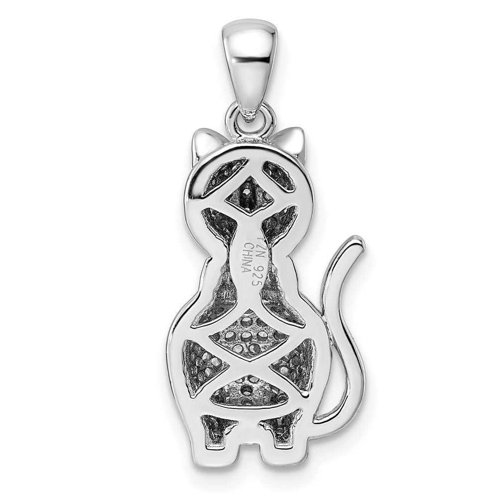 Sterling Silver Rhodium-plated Polished Green & White CZ Cat Pendant - Product Photo