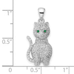 Sterling Silver Rhodium-plated Polished Green & White CZ Cat Pendant - Product Photo