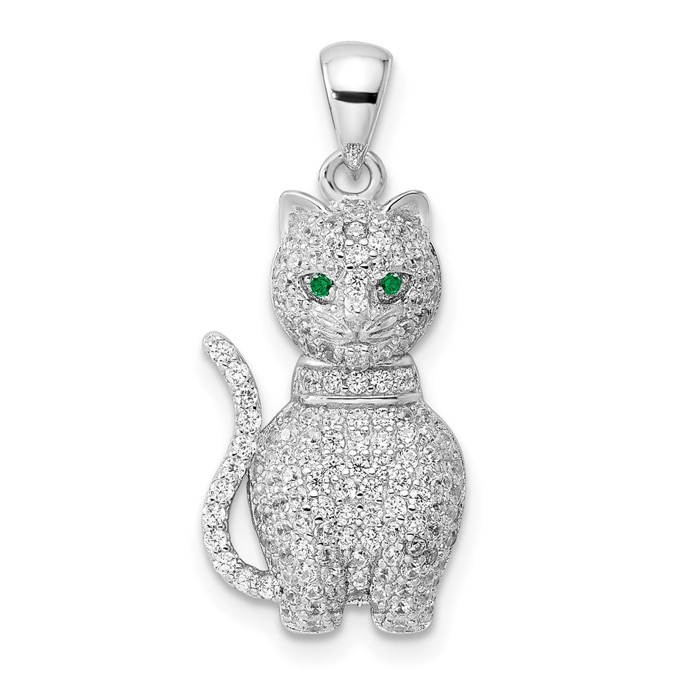 Sterling Silver Rhodium-plated Polished Green & White CZ Cat Pendant - Product Photo