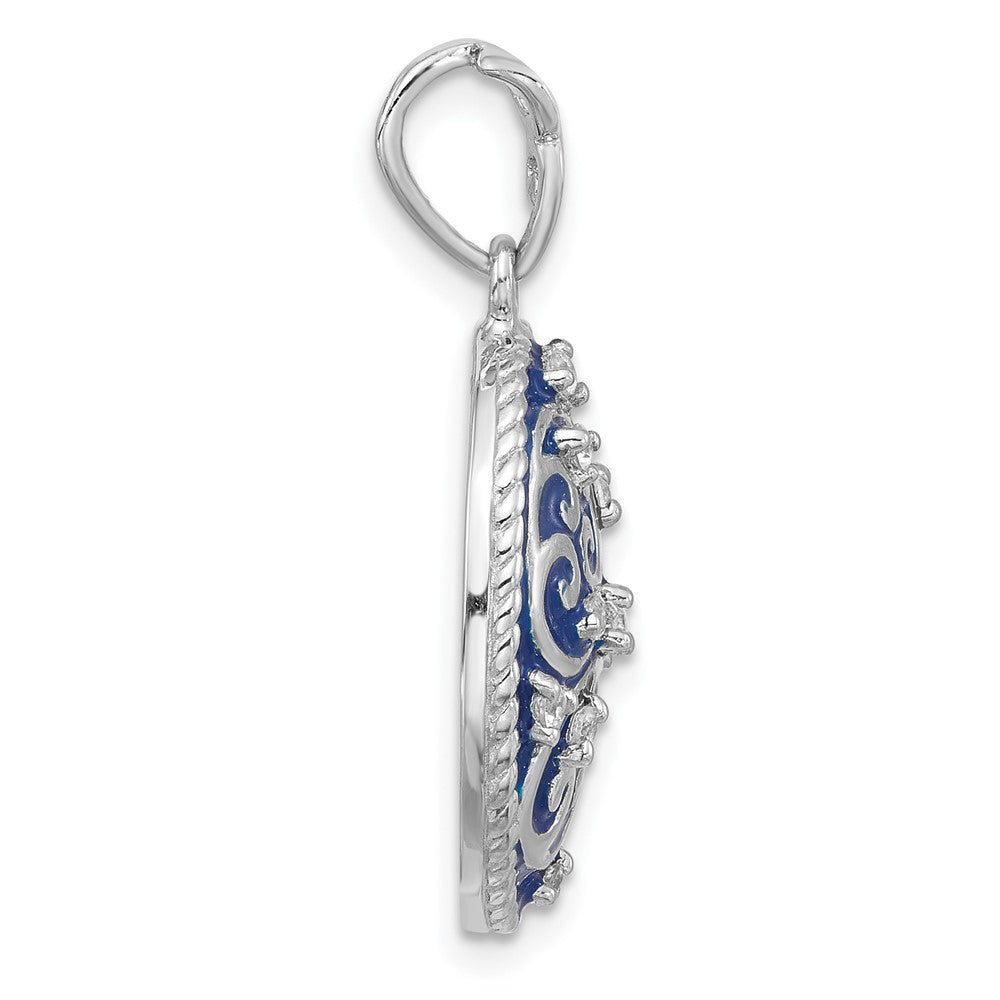 Sterling Silver Rhodium-plated Polished Swirl Blue Enamel CZ Oval Pendant - Product Photo