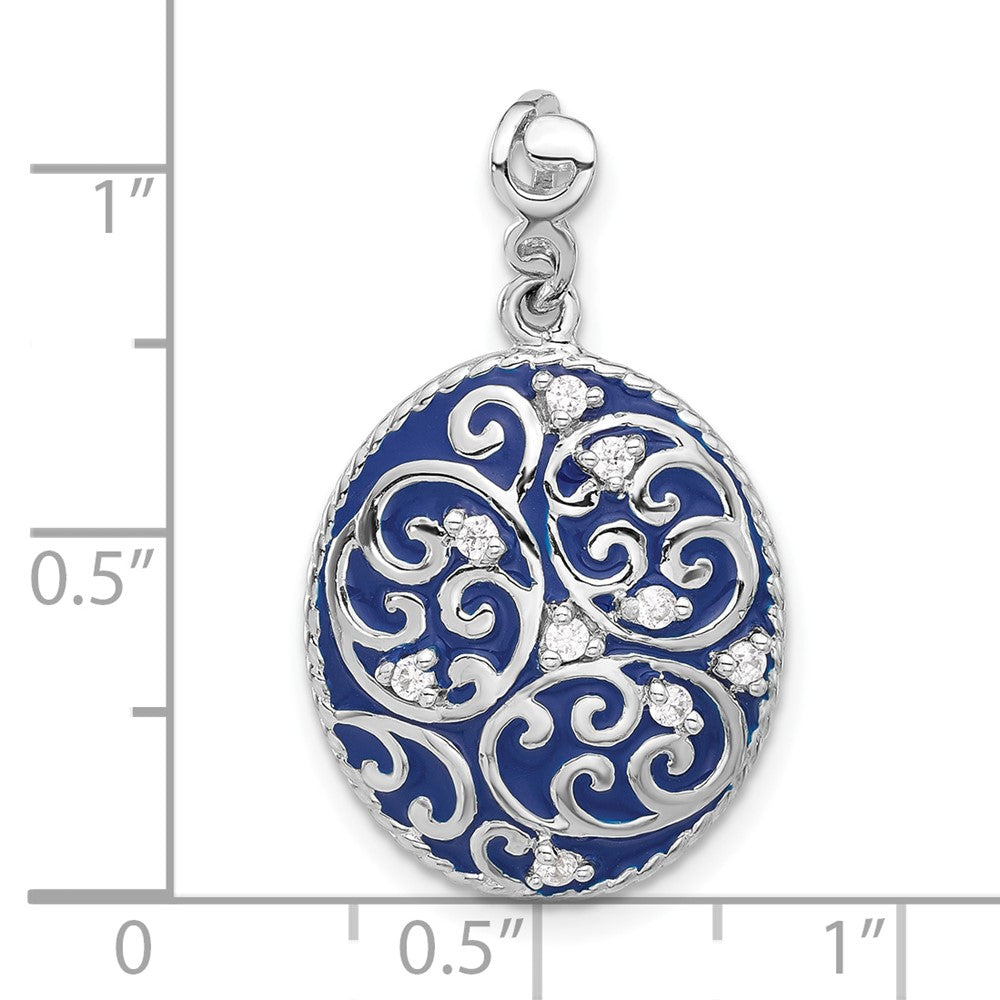Sterling Silver Rhodium-plated Polished Swirl Blue Enamel CZ Oval Pendant - Product Photo