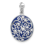 Sterling Silver Rhodium-plated Polished Swirl Blue Enamel CZ Oval Pendant - Product Photo