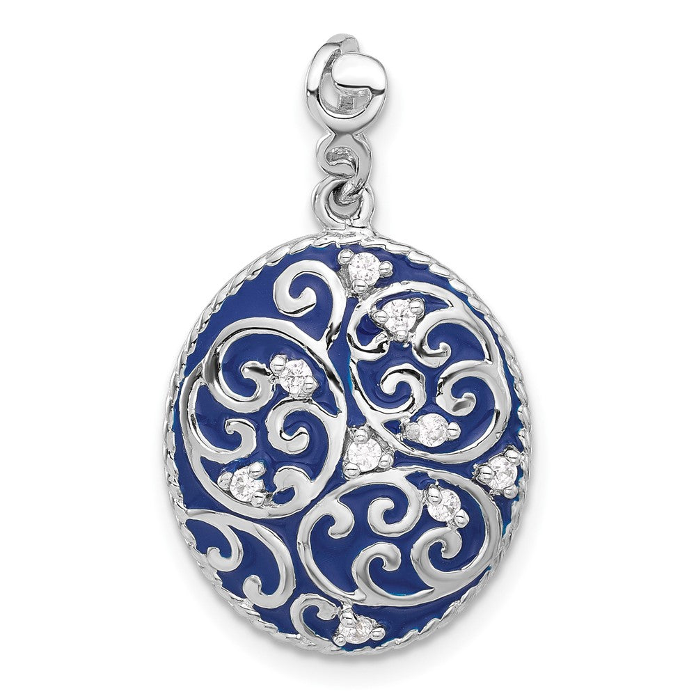 Sterling Silver Rhodium-plated Polished Swirl Blue Enamel CZ Oval Pendant - Product Photo