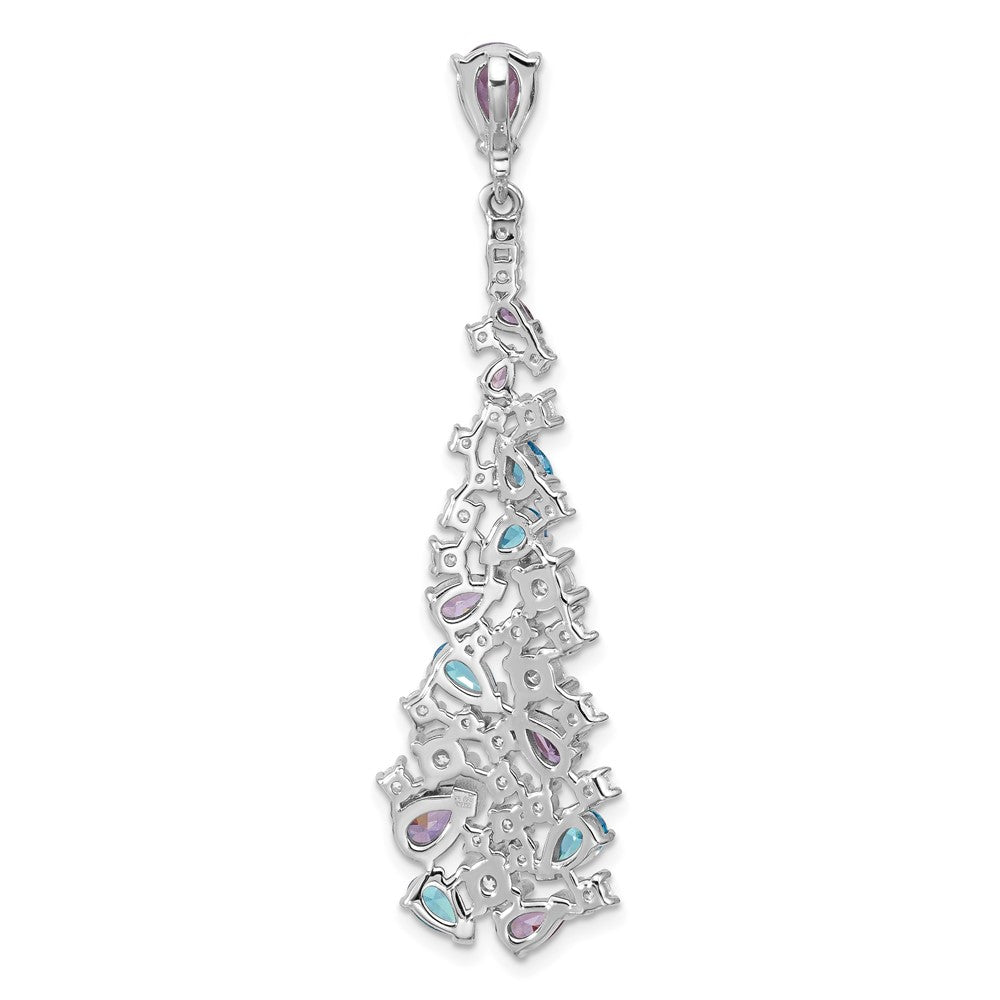 Sterling Silver Rh-plated Polished White/Blue/Purple CZ Teardrop Pendant - Product Photo