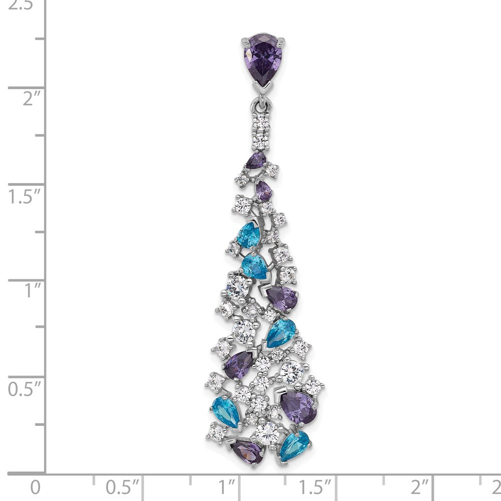 Sterling Silver Rh-plated Polished White/Blue/Purple CZ Teardrop Pendant - Product Photo