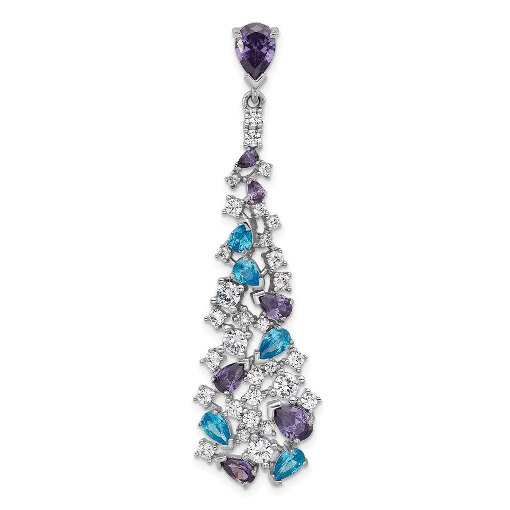Sterling Silver Rh-plated Polished White/Blue/Purple CZ Teardrop Pendant - Product Photo