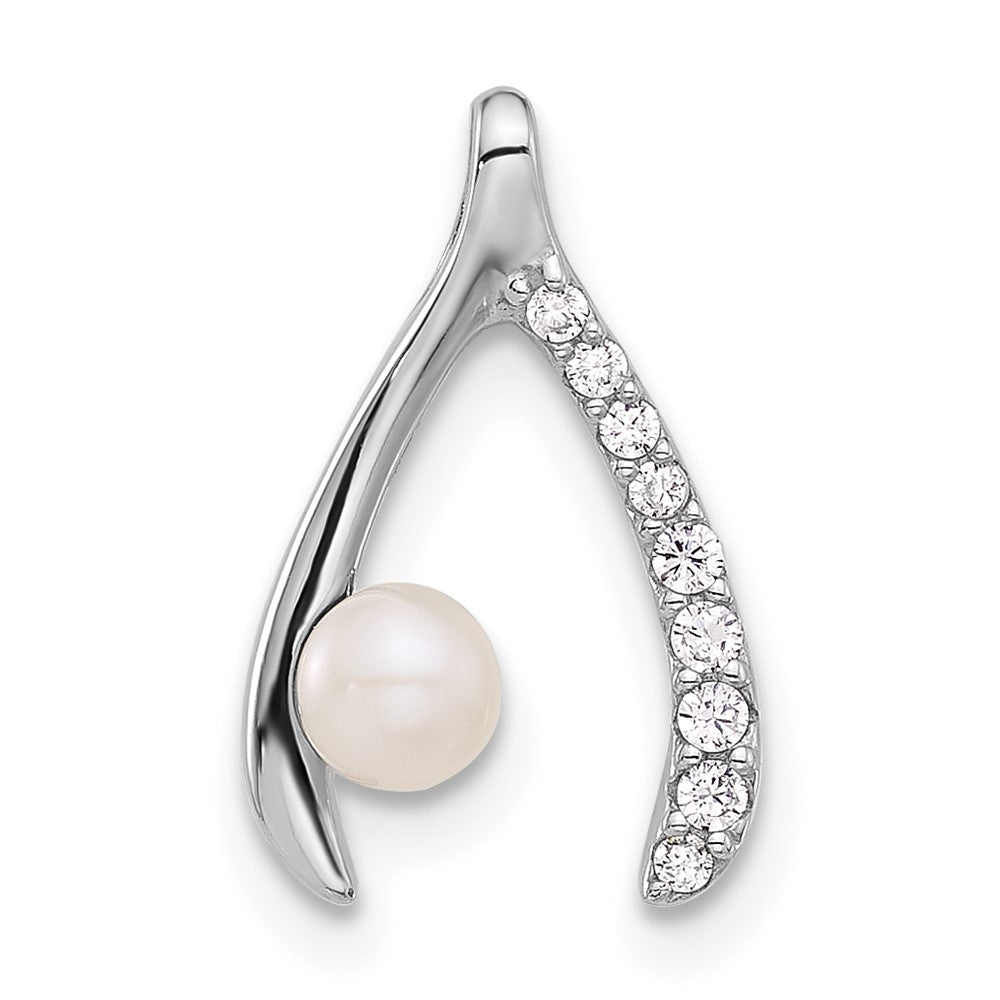 Sterling Silver Rh-plated FWC Pearl/CZ Wishbone Chain Slide Pendant - Product Photo