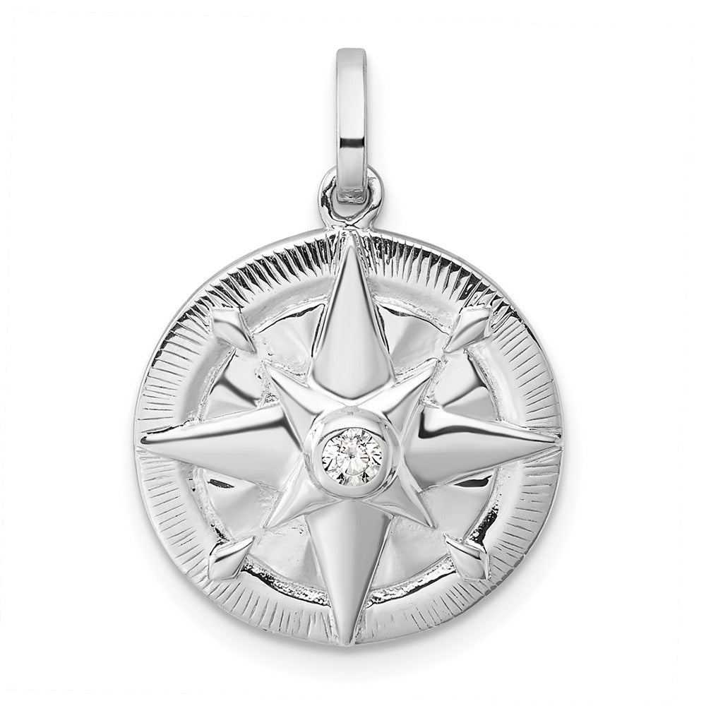 Sterling Silver Rhodium-plated CZ Compass Pendant - Product Photo