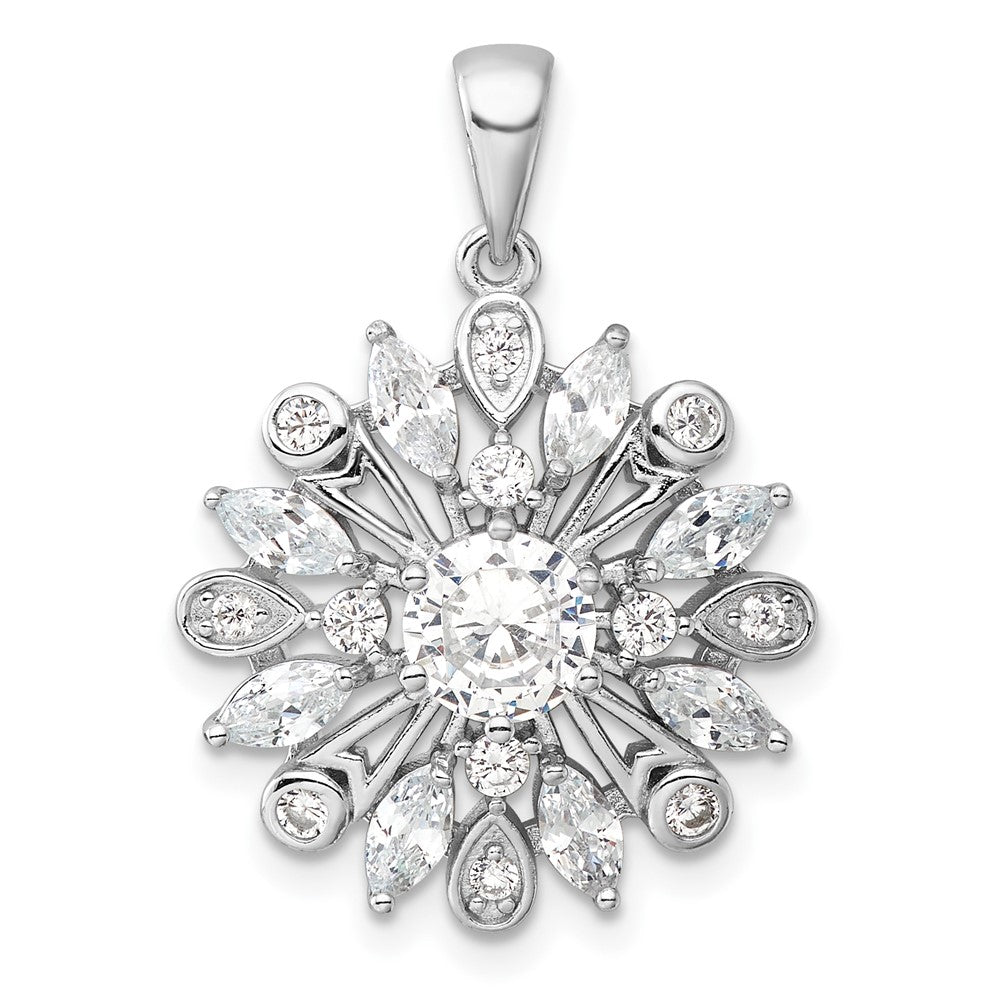 Sterling Silver Rhodium-plated CZ Floral Pendant - Product Photo