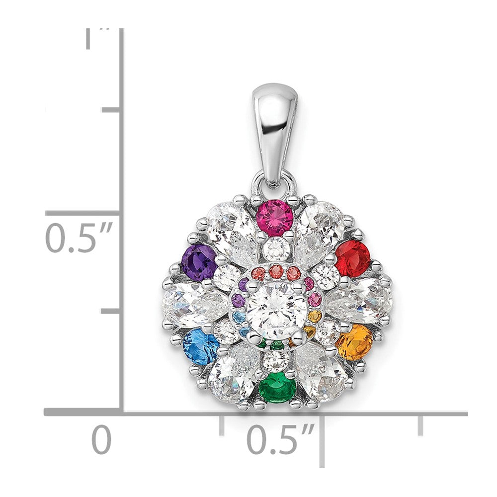 Sterling Silver Rhodium-pltd Rainbow Nano Crystal &Clear CZ Floral Pendant - Product Photo