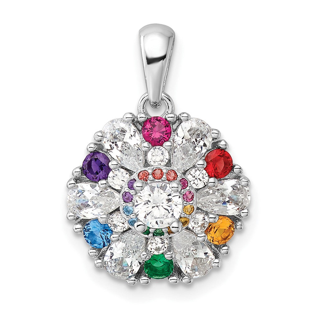 Sterling Silver Rhodium-pltd Rainbow Nano Crystal &Clear CZ Floral Pendant - Product Photo