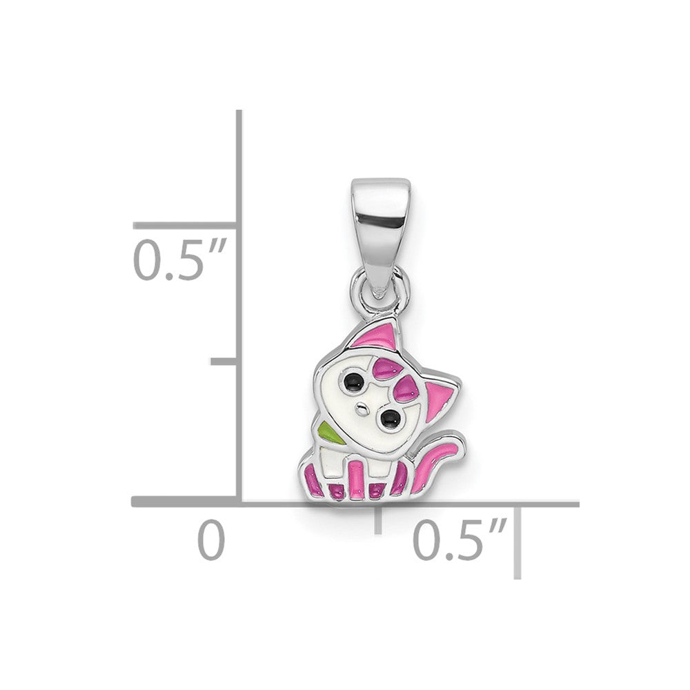 Sterling Silver Rhod-plated Multi-color Enameled Cat Children's Pendant - Product Photo