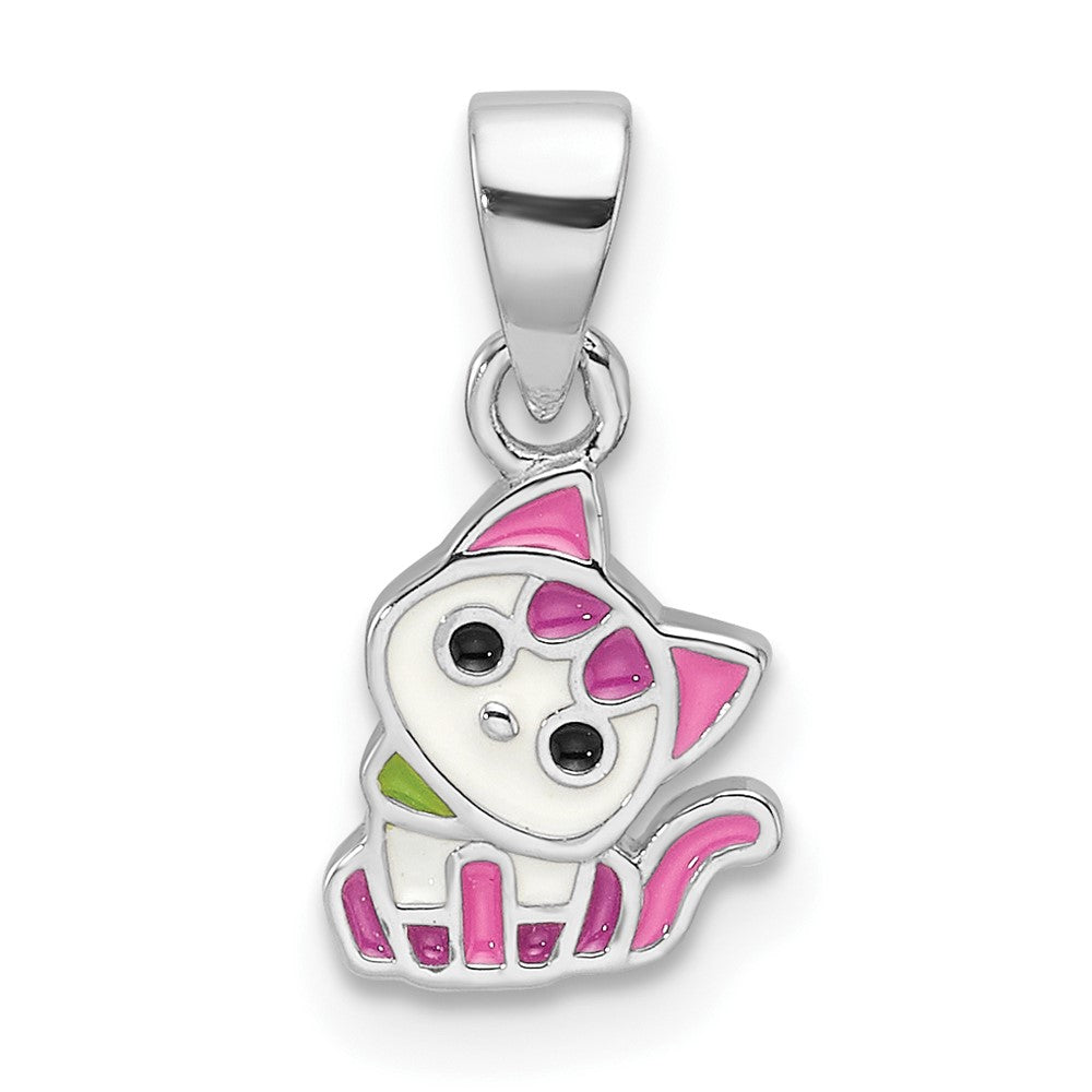Sterling Silver Rhodium-plated Multi-color Enameled Cat Children's Pendant