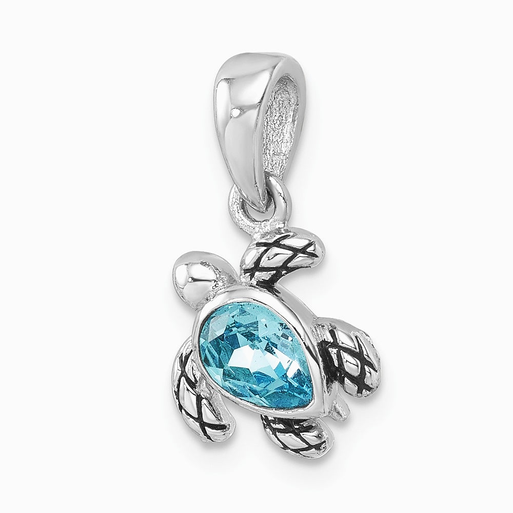 Sterling Silver Rh-plated Antiqued Crystal March Turtle Pendant - Product Photo
