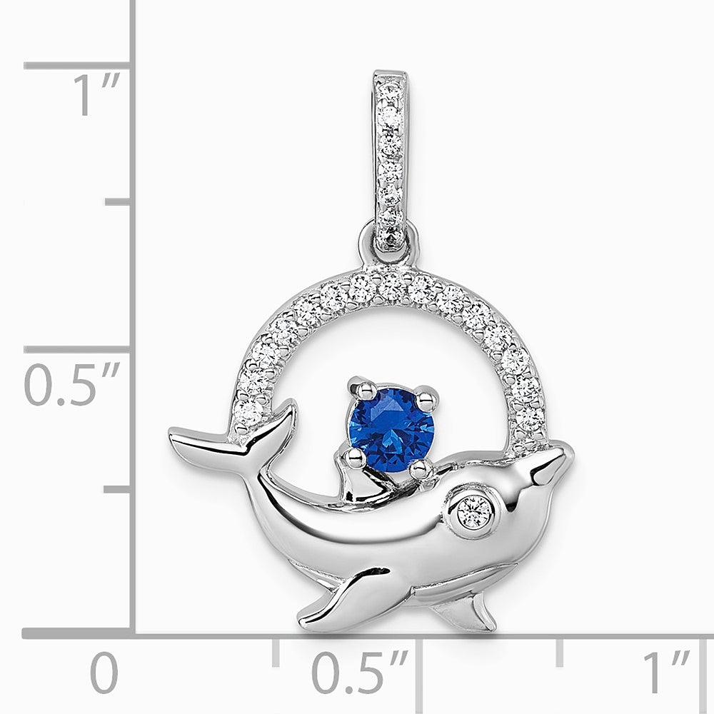 Sterling Silver Rhodium-plated Blue and White CZ Dolphin Pendant - Product Photo