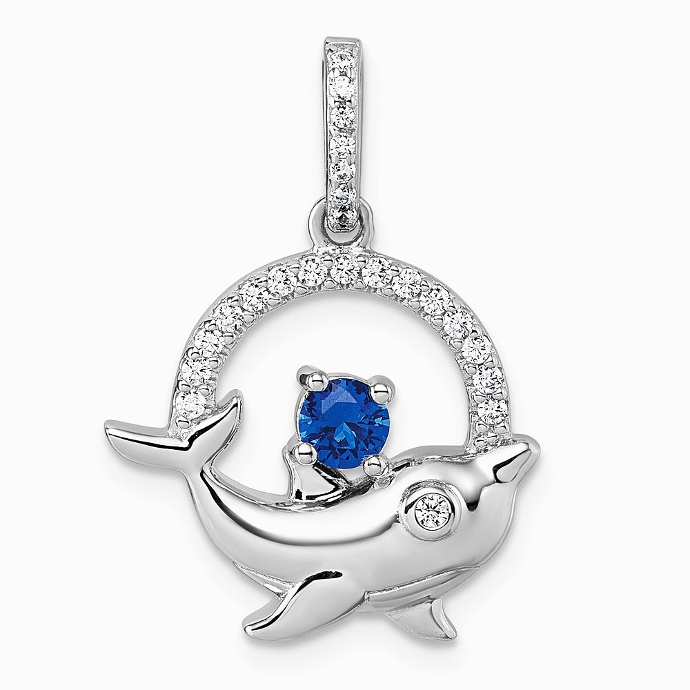 Sterling Silver Rhodium-plated Blue and White CZ Dolphin Pendant - Product Photo