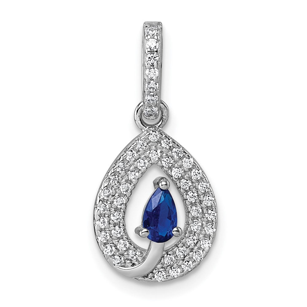 Sterling Silver Rhodium-plated Blue and White CZ Teardrop Pendant - Product Photo