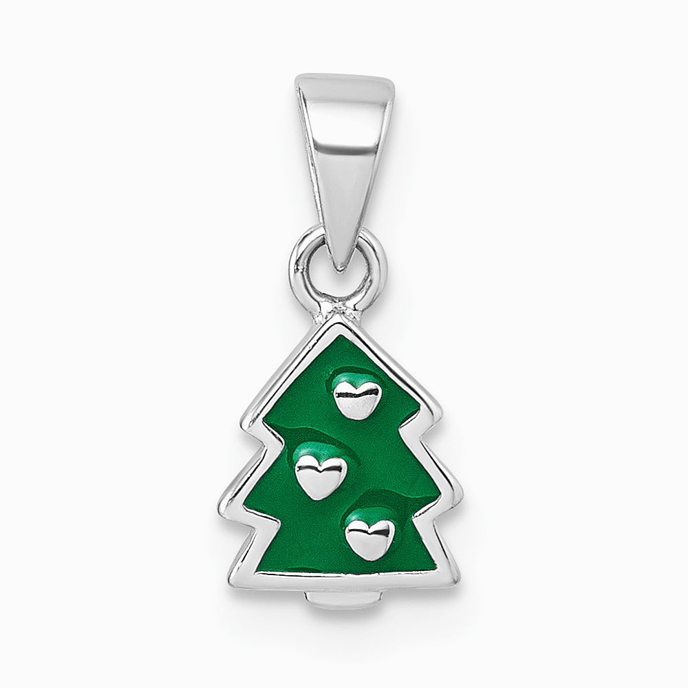 Sterling Silver Rhodium-plated Green Enamel Tree with Heart Pendant - Product Photo