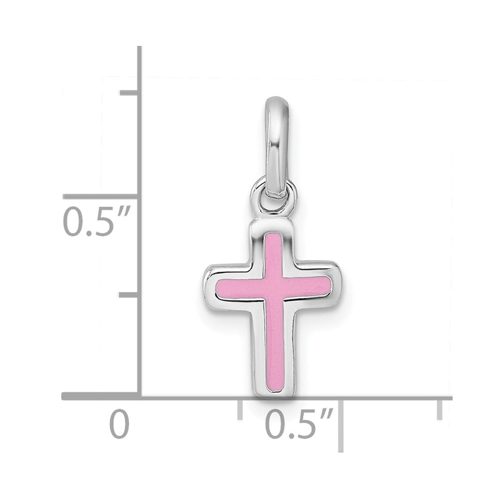 Sterling Silver Rhodium-plated Children's Enamel Pink Cross Pendant - Product Photo