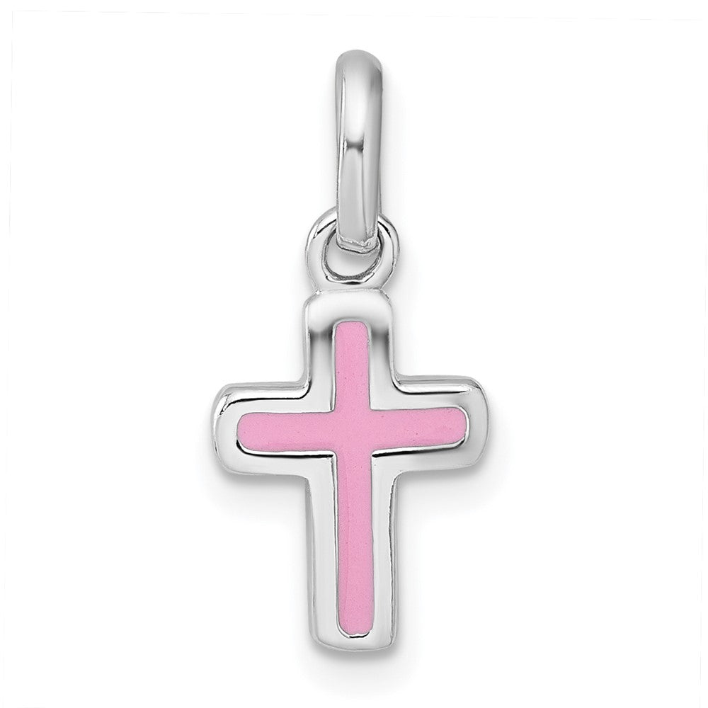 Sterling Silver Rhodium-plated Children's Enamel Pink Cross Pendant - Product Photo