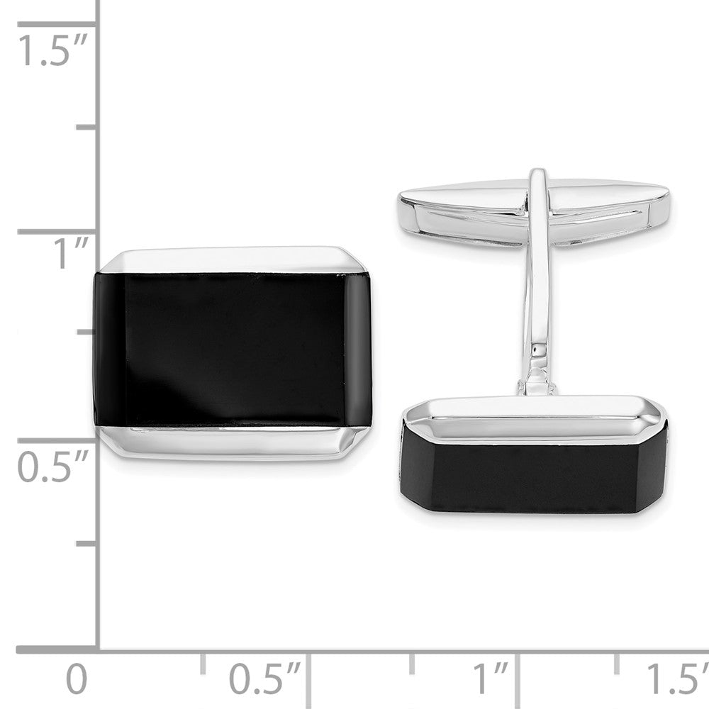 Sterling Silver Rhodium-plated Rectangle Onyx Cuff Links - Product Photo