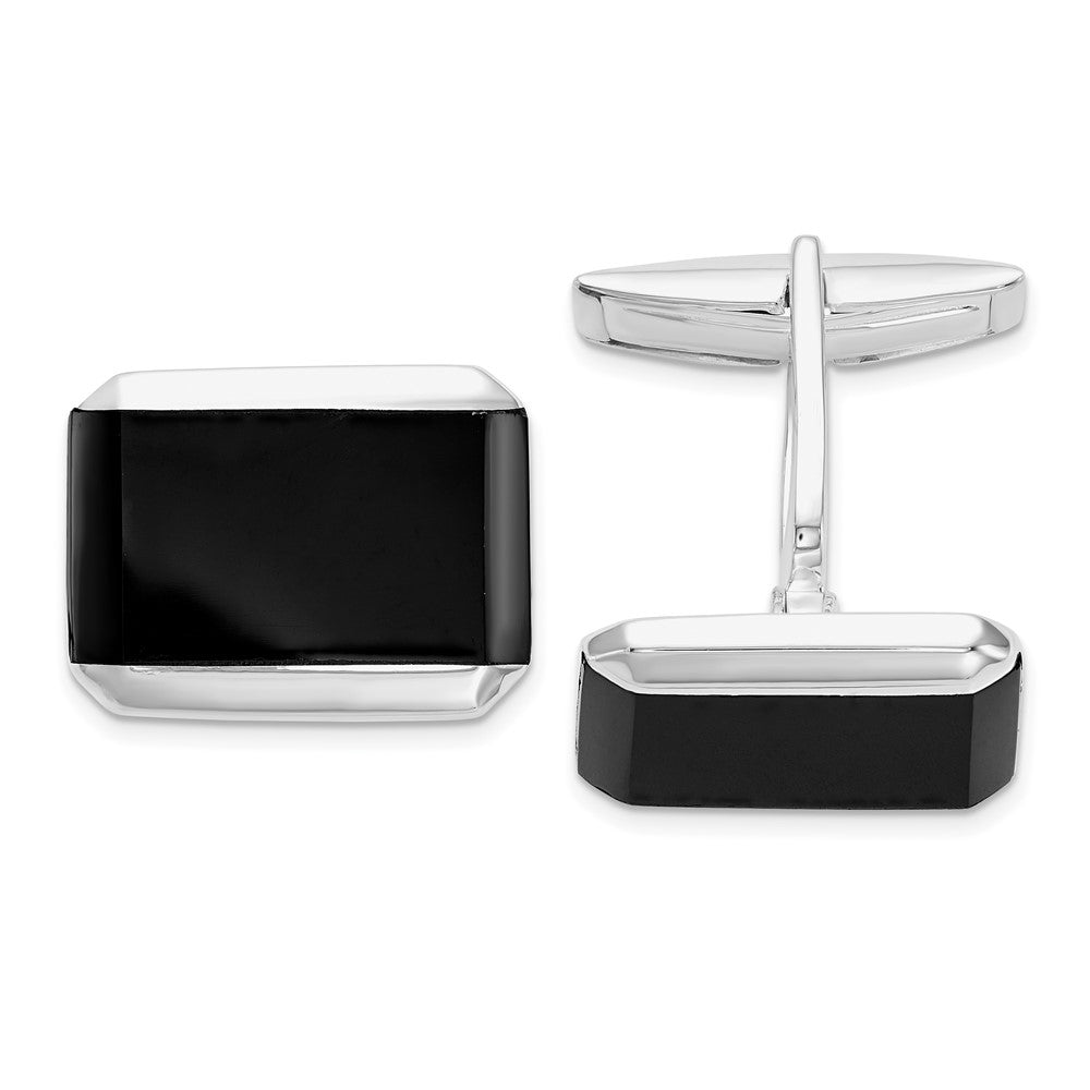 Sterling Silver Rhodium-plated Rectangle Onyx Cuff Links - Product Photo