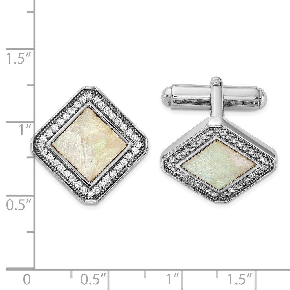 Sterling Silver Rhodium-plated CZ and Mother of Pearl Square Cuff Links - Product Photo