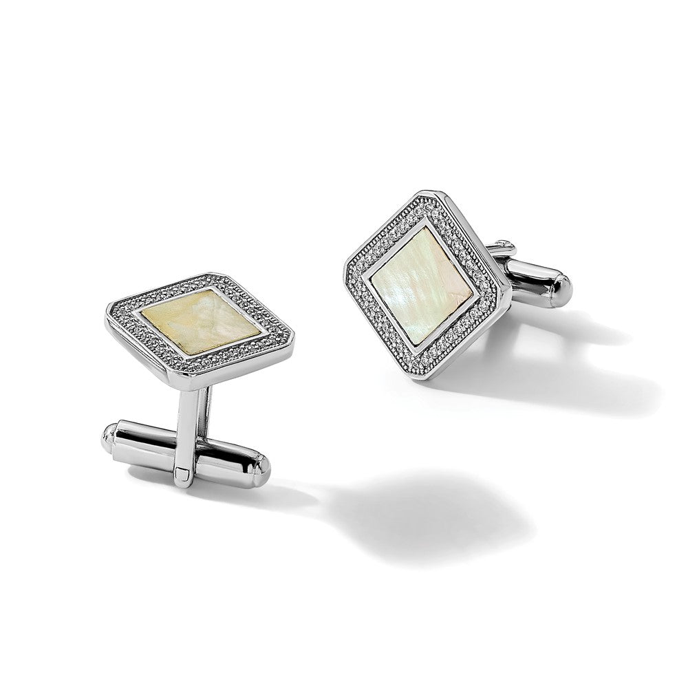 Sterling Silver Rhodium-plated CZ and Mother of Pearl Square Cuff Links - Product Photo