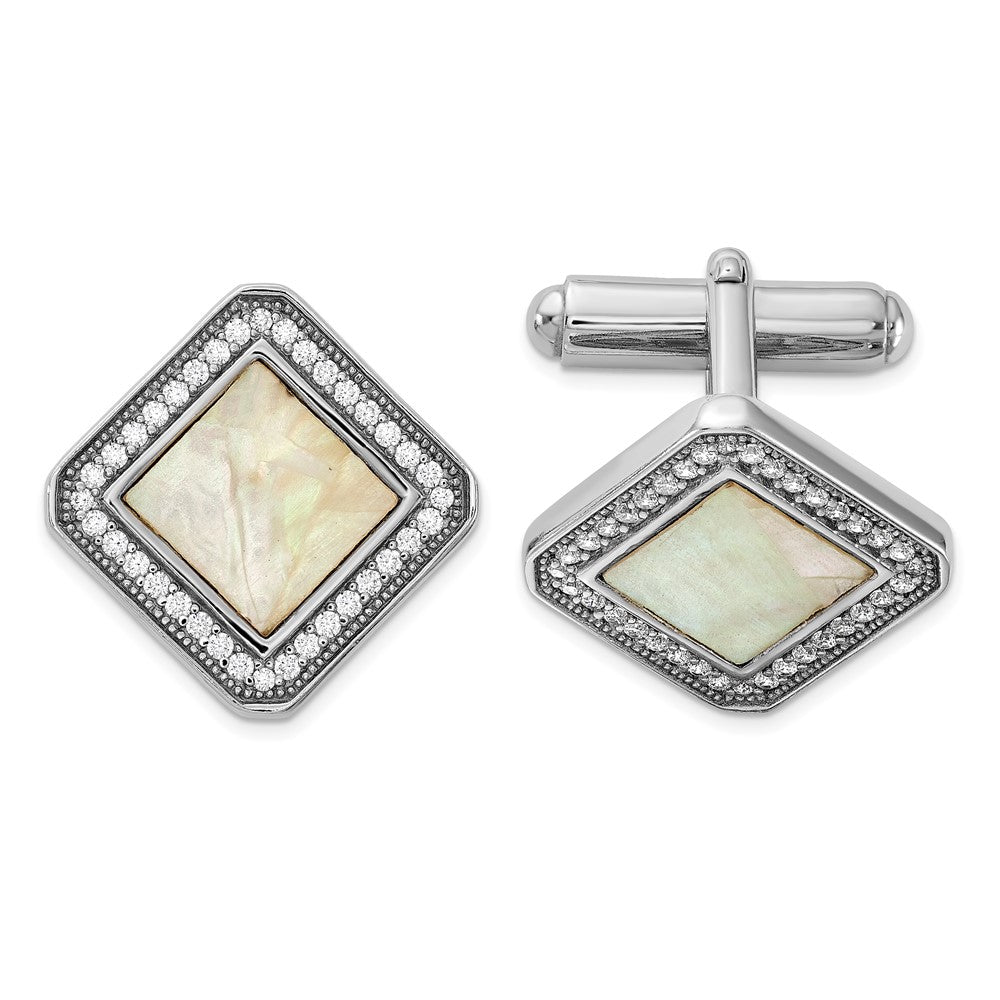 Sterling Silver Rhodium-plated CZ and Mother of Pearl Square Cuff Links - Product Photo